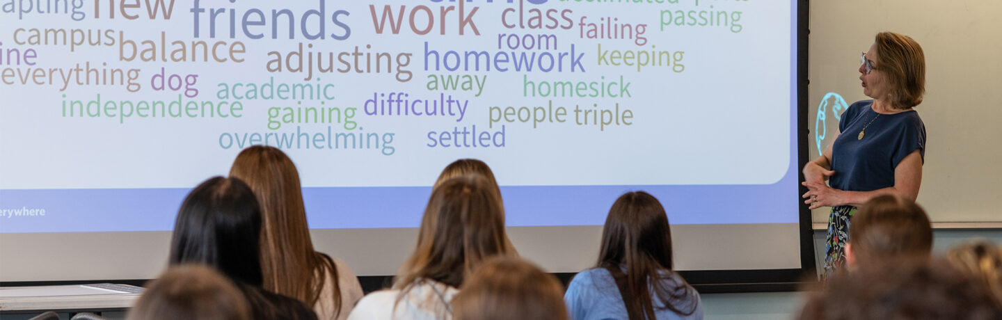 An advisor speaks to a room of students seated with their backs to the camera, gesturing toward a large projected word cloud. Words like friends, homework, adjusting, balance, homesick, independence, overwhelming, and settled appear in soft colors, reflecting students' feelings about the transition to college.