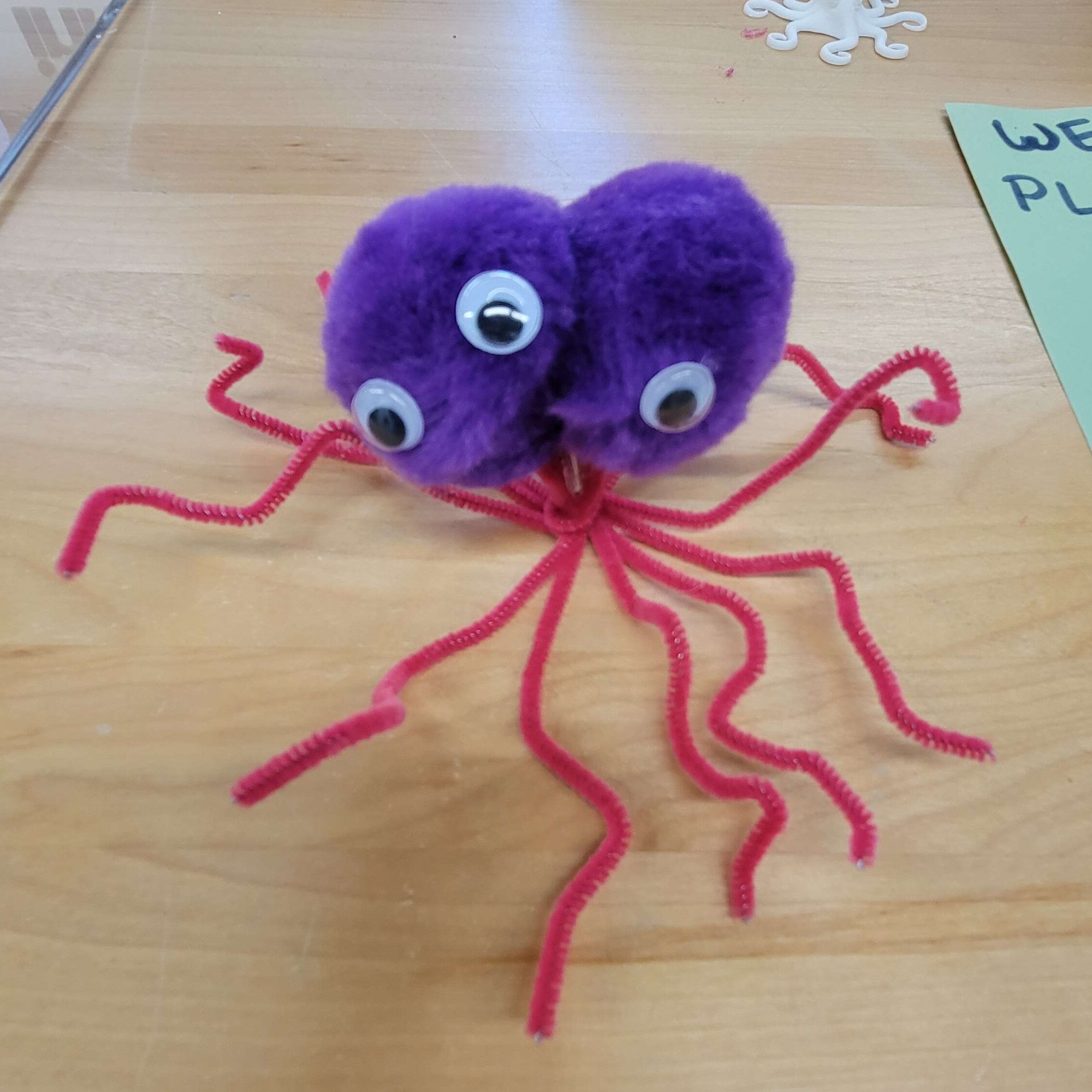 A two headed tentacled creature made out of purple pom poms, pink pipe cleaners, and three googly eyes.